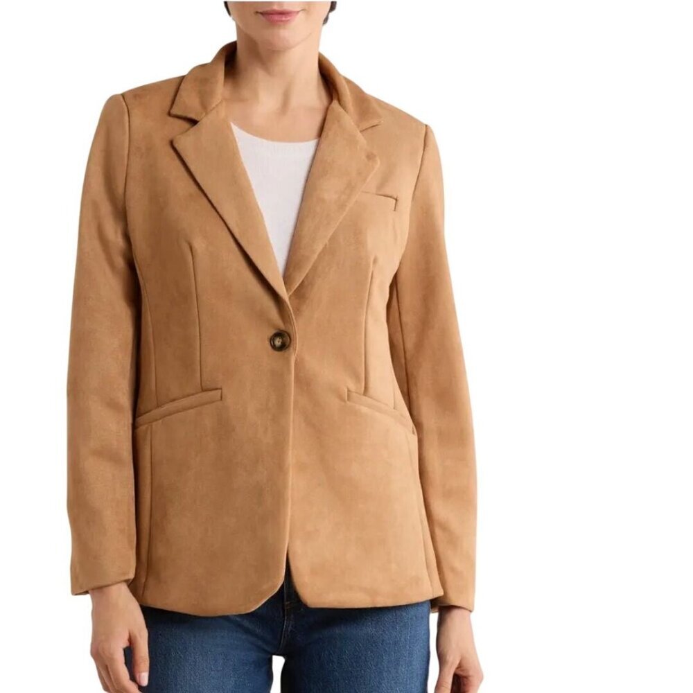 T Tahari Faux Suede Blazer Jacket Camel One Button Pockets Trending Size M